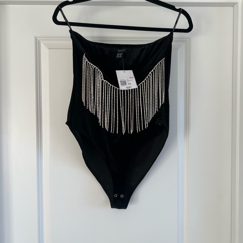 Forever 21 black velvet bodysuit with rhinestones 1x